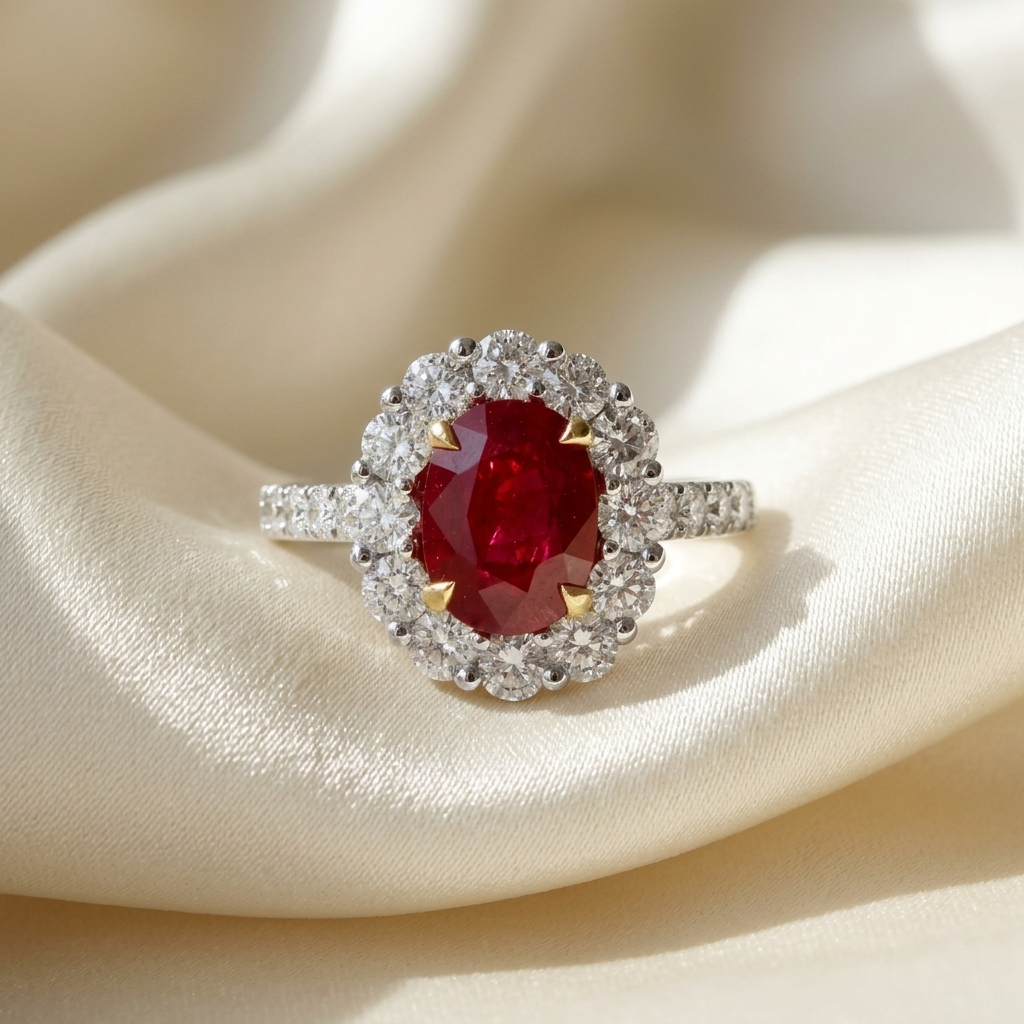 Oval ruby and diamond halo ring with diamond set band - angled view