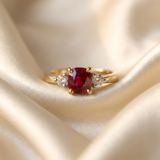 Round ruby and diamond trilogy ring in yellow gold - side view