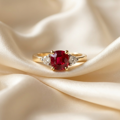 Round ruby and diamond trilogy ring in yellow gold - detail view