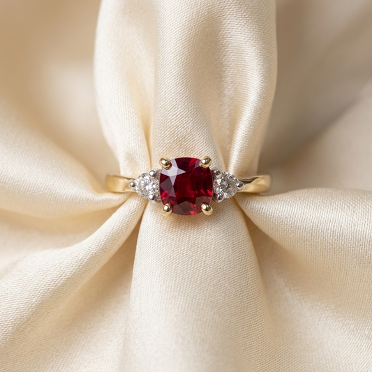 Round ruby and diamond trilogy engagement ring in 18ct yellow gold, handcrafted in Sydney