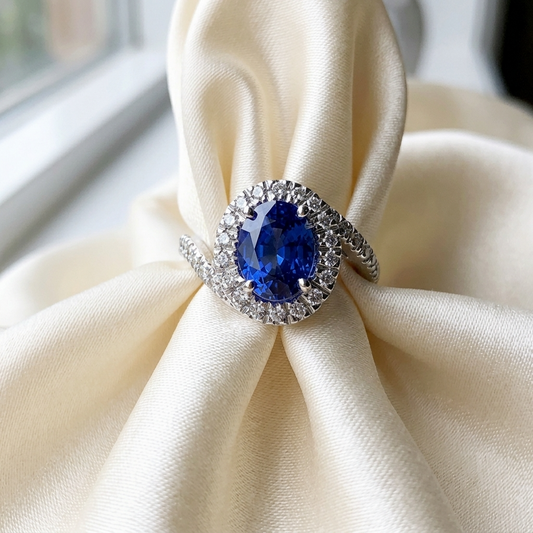 Sapphire and diamond halo engagement ring — handcrafted in Sydney
