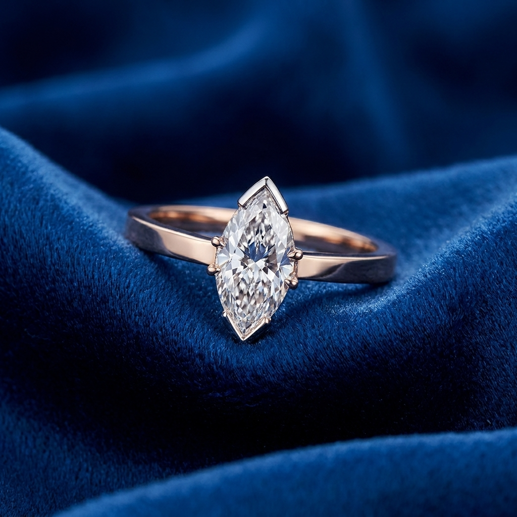 Marquise cut diamond solitaire engagement ring on a fine band