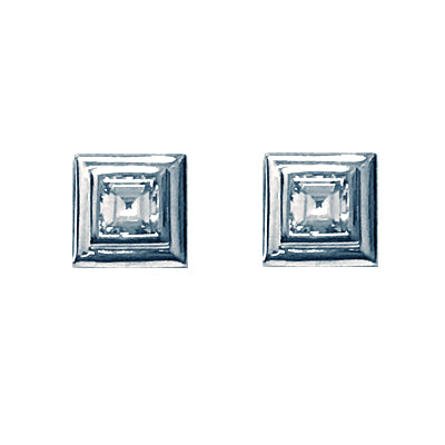 Carre cut diamond stud earrings in 18ct white gold double bezel setting