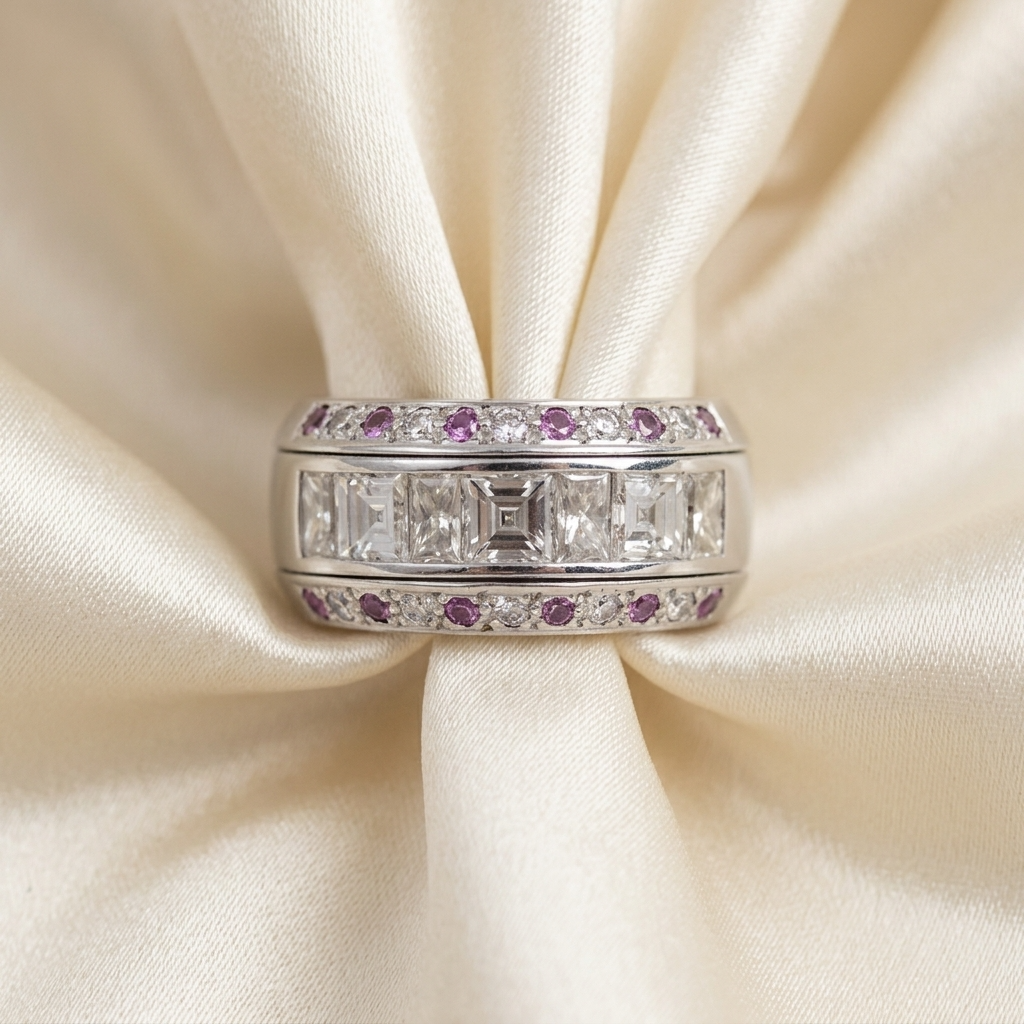 Channel set baguillion and square cut diamond band with natural pink diamonds