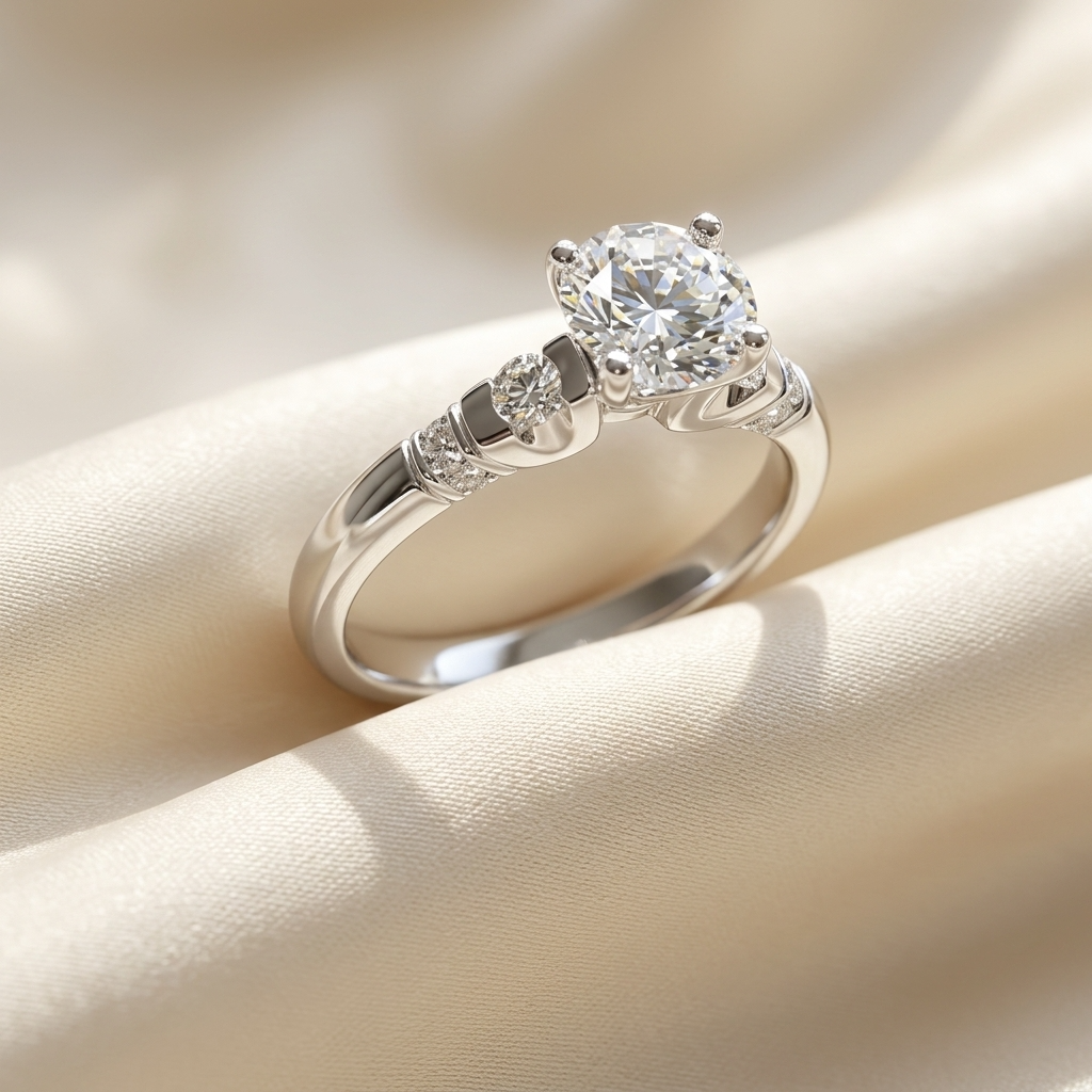 Round diamond ring with side stones - side view