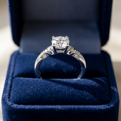 Round diamond ring with side stones - detail view
