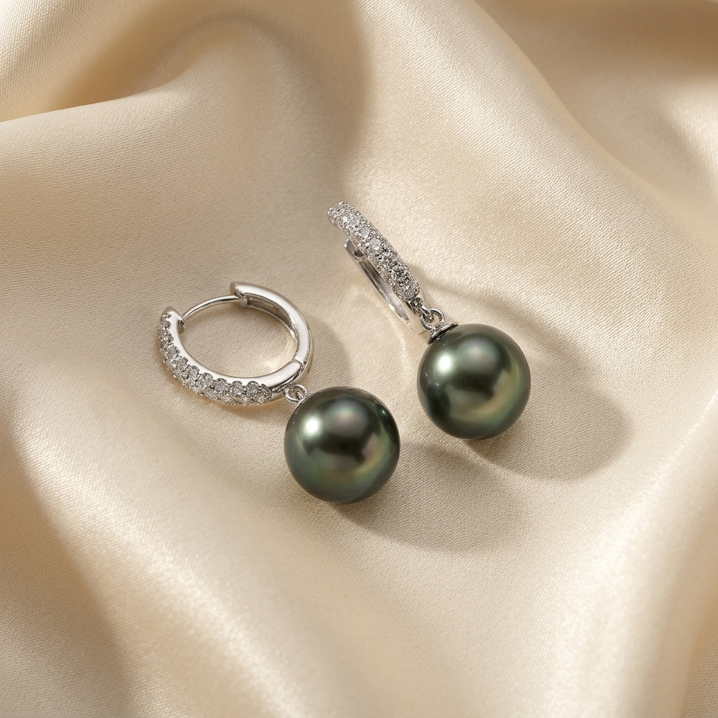 Tahitian pearl and diamond hoop earrings - angled view