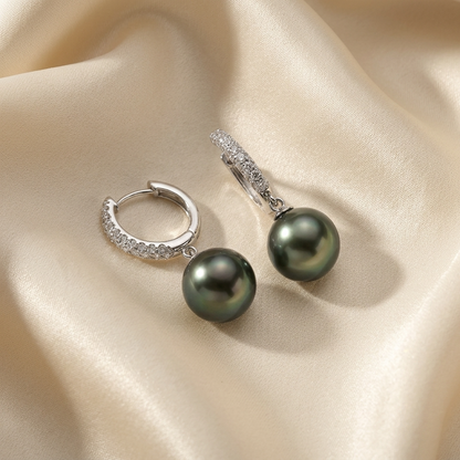 Tahitian pearl and diamond hoop earrings - angled view