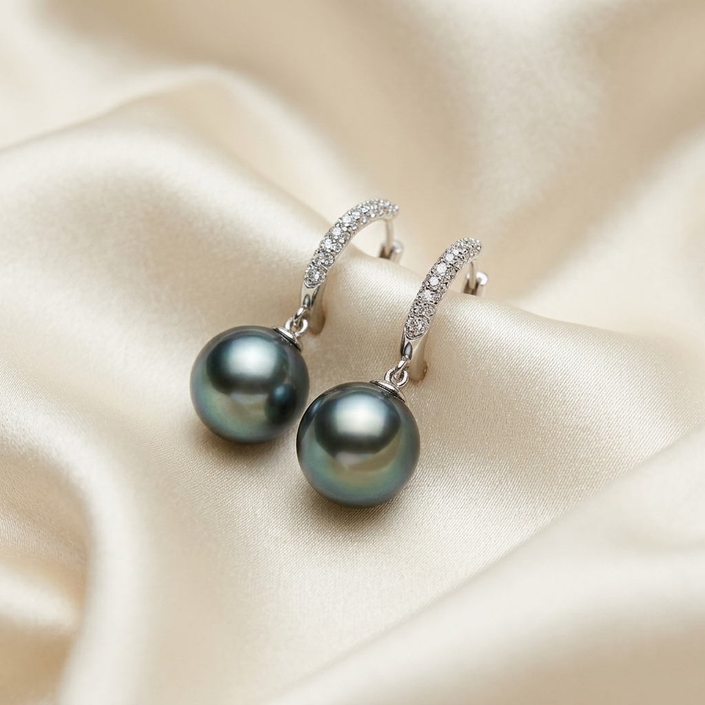Tahitian pearl and diamond hoop earrings - detail view