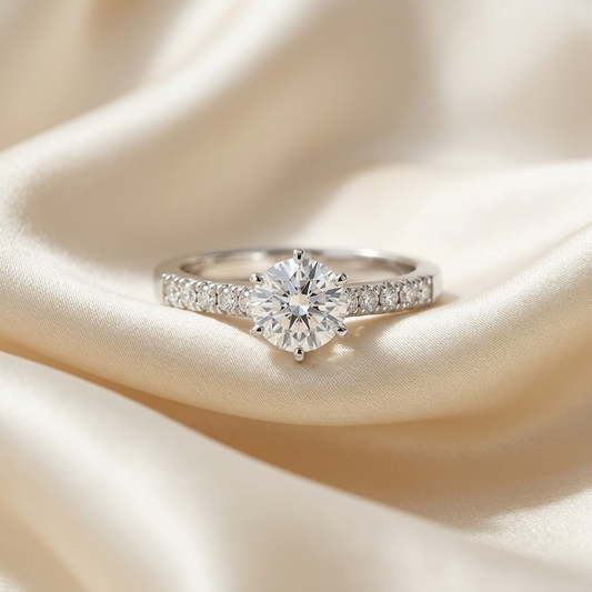 Round diamond ring with side stones - side view