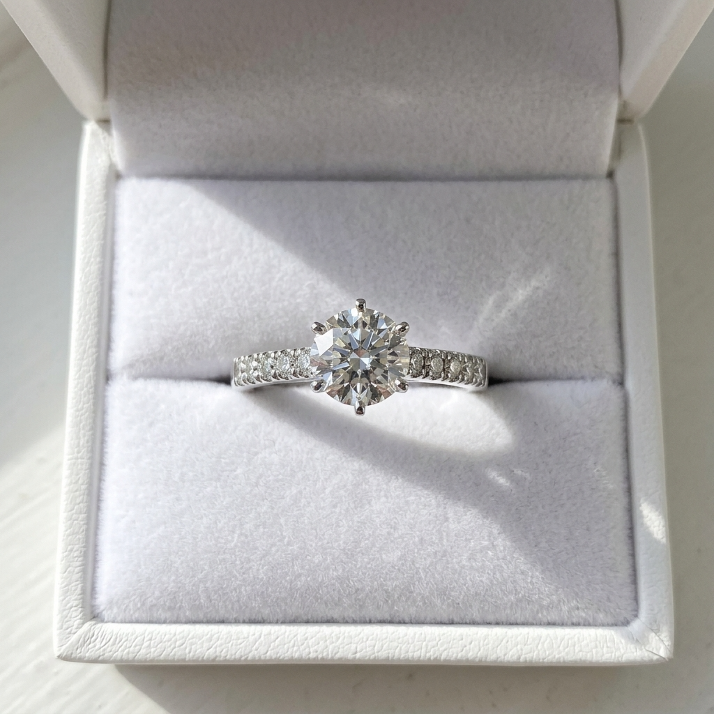 Round diamond ring with side stones - detail view