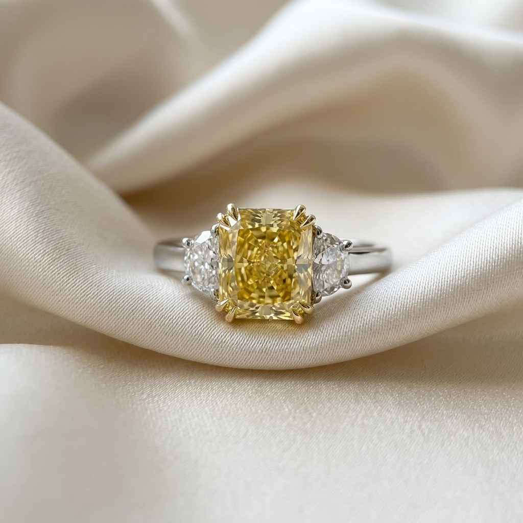 Fancy yellow radiant cut diamond ring with half moon side stones — handcrafted in Sydney