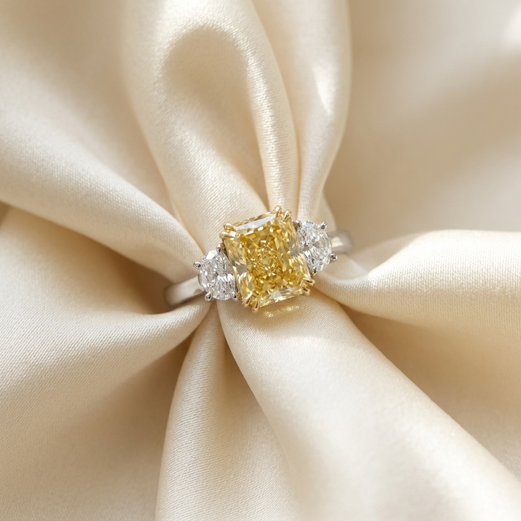 Fancy yellow radiant diamond ring with half moon side stones - angled view