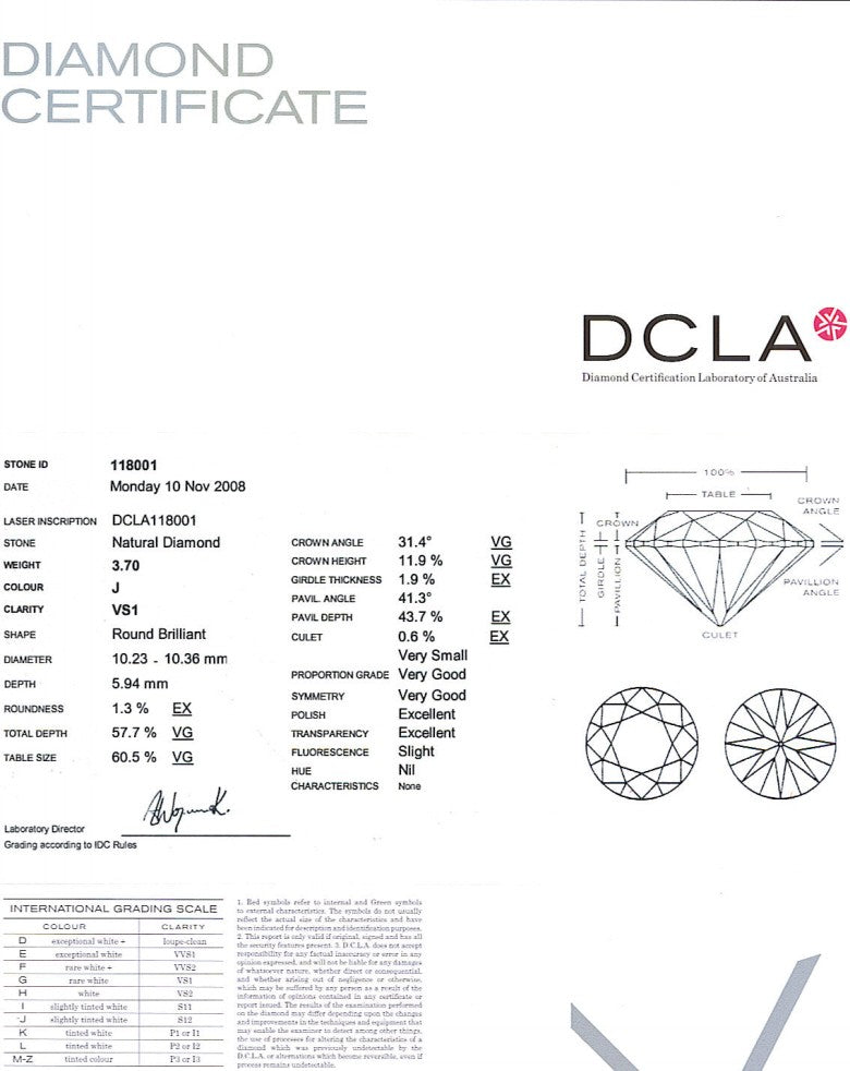 Round Brilliant Cut Diamond 3.70ct J VS1