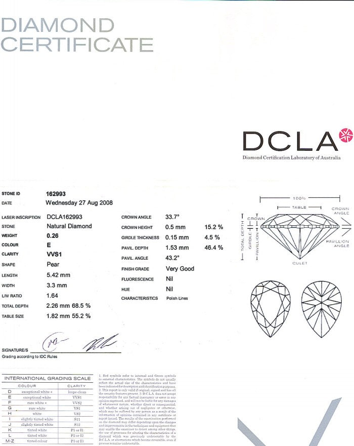 Pear Shape Diamond 0.26ct E VVS1