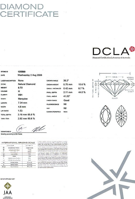 Marquise Shape Diamond 0.72ct H VS1