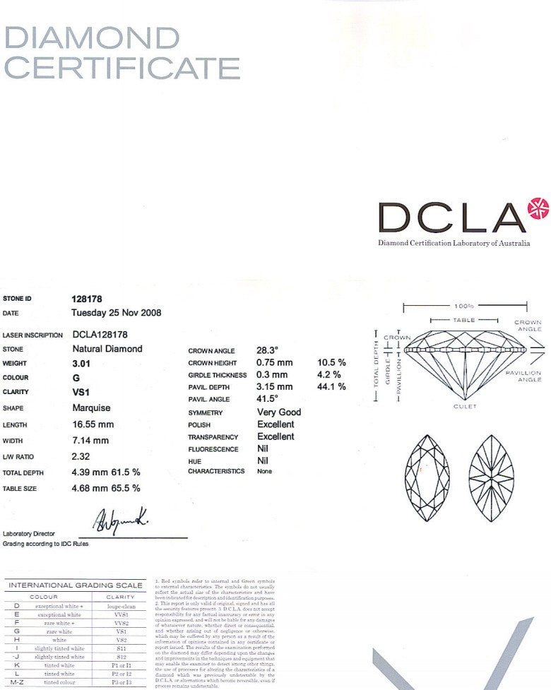 Marquise Cut Diamond 3.01ct - G VS1 FS 165