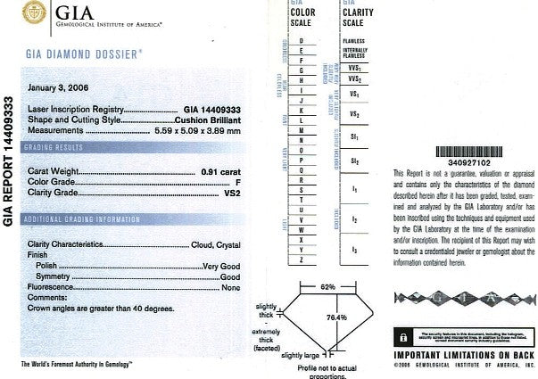 Cushion Cut Diamond 0.91ct F VS2 - FS 175