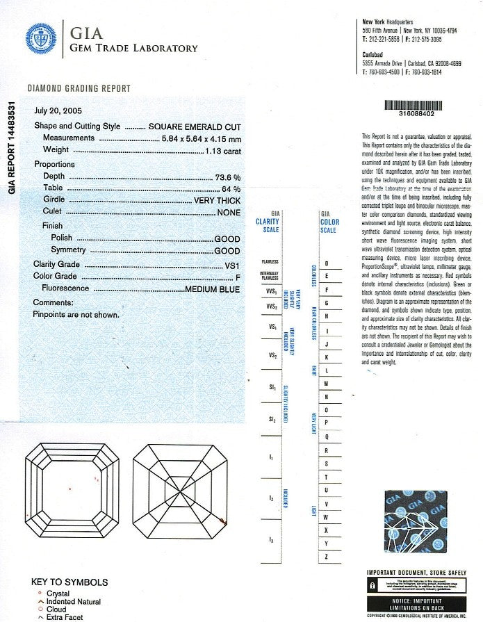 Asscher Cut Diamond 1.13ct F VS1 - FS 190