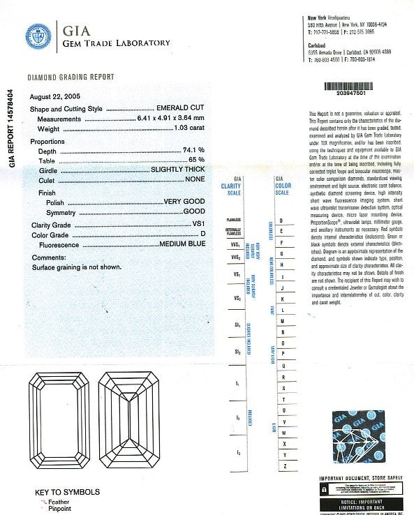 Emerald Cut Diamond 1.03ct D VS1 - FS 199