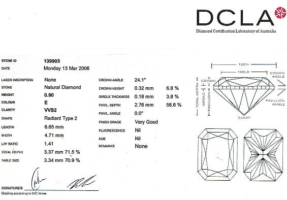 Radiant Cut Diamond 0.90ct E VVS2 - FS 172