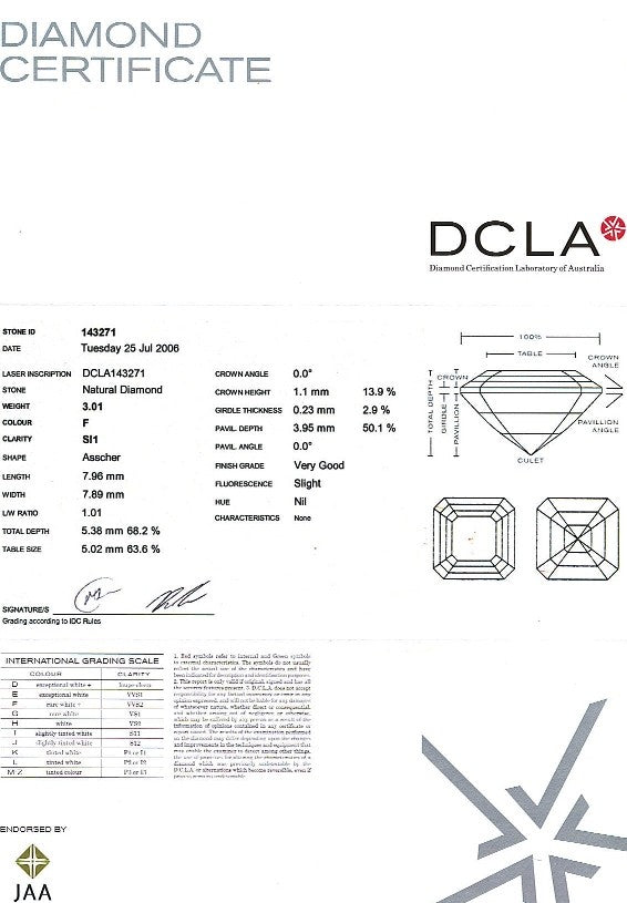 Asscher Cut Diamond 3.01ct F SI1