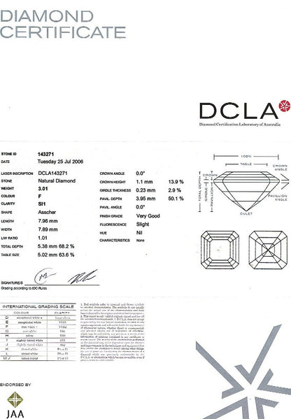 Asscher Cut Diamond 3.01ct F SI1