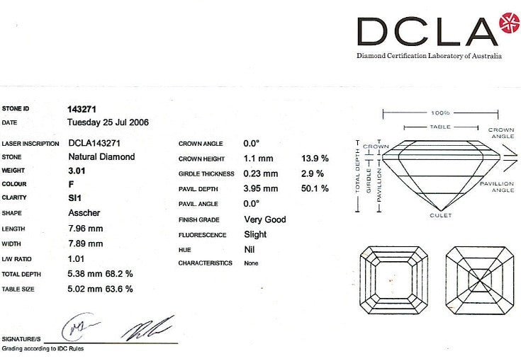 Asscher Cut Diamond 3.01ct F SI1