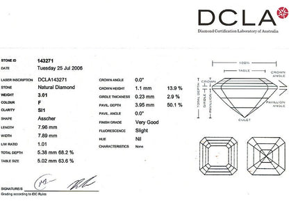 Asscher Cut Diamond 3.01ct F SI1