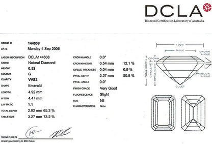 Emerald Cut Diamond 0.53ct G VVs2