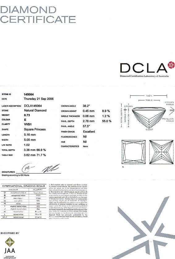 Princess Cut Diamond 0.73ct E VVS1