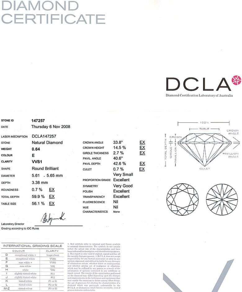 Round Brilliant Cut Diamond 0.64ct E VVS1