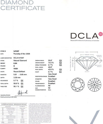 Round Brilliant Cut Diamond 0.64ct E VVS1