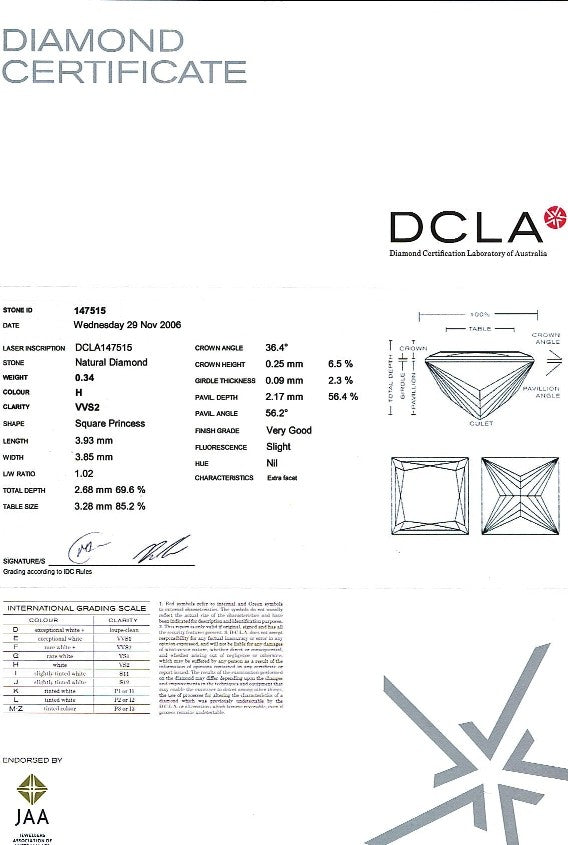 Princess Cut Diamond 0.34ct H VVS2