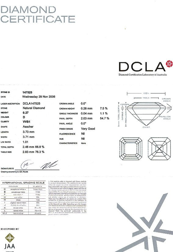 Asscher Cut Diamond 0.27ct D VVs1