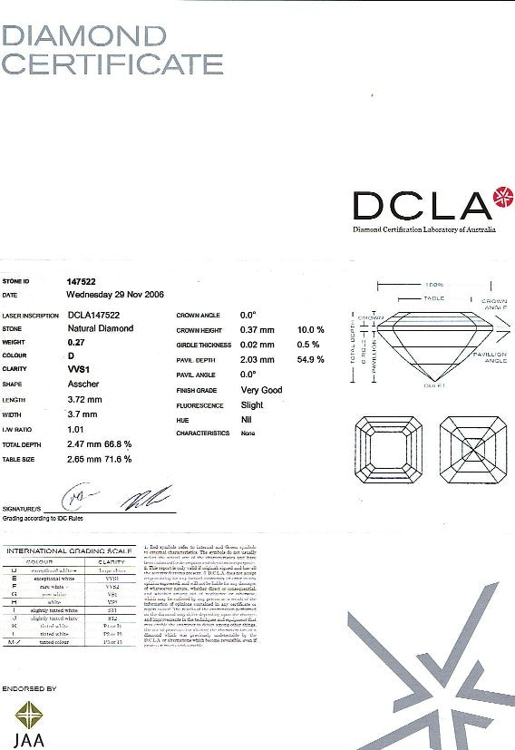 Asscher Cut Diamond 0.27ct D VVS1
