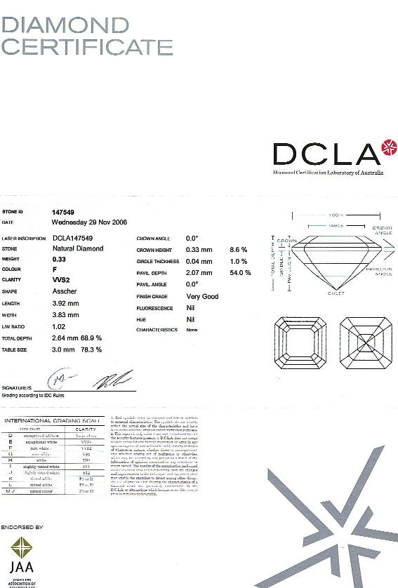 Asscher Cut Diamond 0.33ct F VVs2