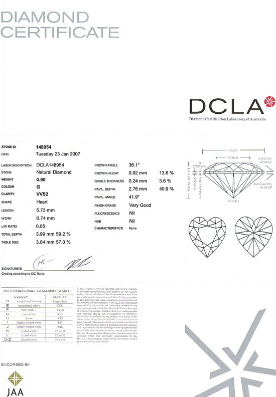 Heart Shape Diamond 0.90ct G VVS2