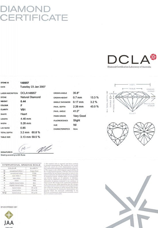 Heart Shape Diamond 0.44ct F VS1