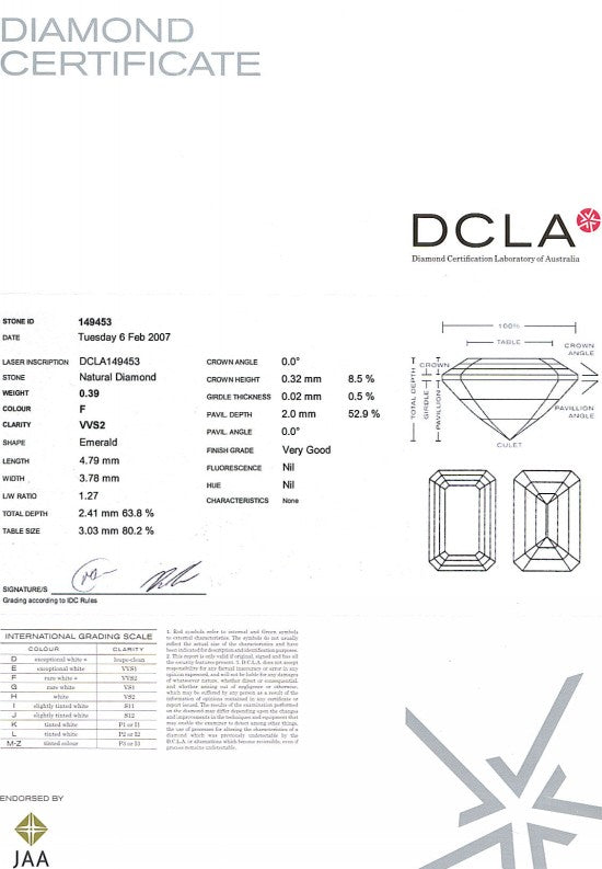 Emerald Cut Diamond 0.39ct F VVS2