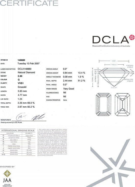 Emerald Cut Diamond 0.86ct G VVS1