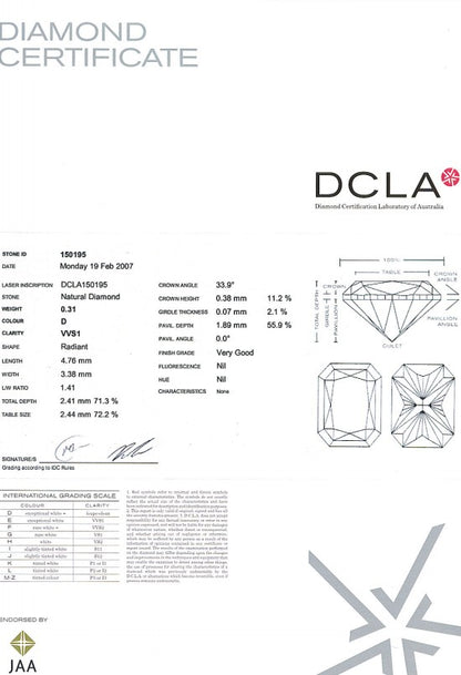 Radiant Cut Diamond 0.31ct D VVS1