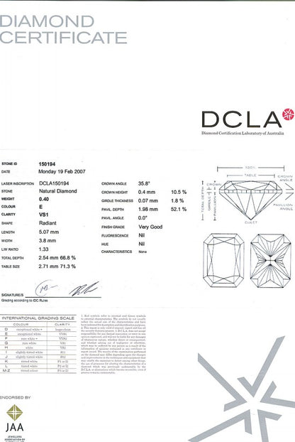 Radiant Cut Diamond 0.40ct E VS1