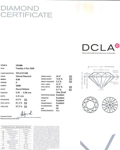 Round Brilliant Cut Diamond 0.64ct F VVS1