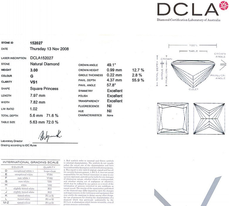Princess Cut Diamond 3.00ct G VS1