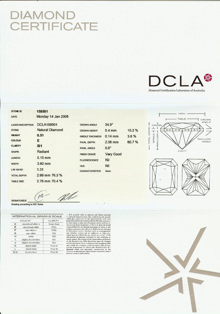 Radiant Cut Diamond 0.51ct E SI1