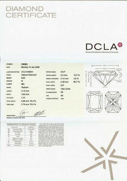 Radiant Cut Diamond 0.51ct E SI1