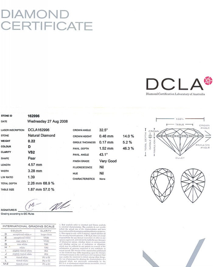Pear Shape Diamond 0.22ct D VS2