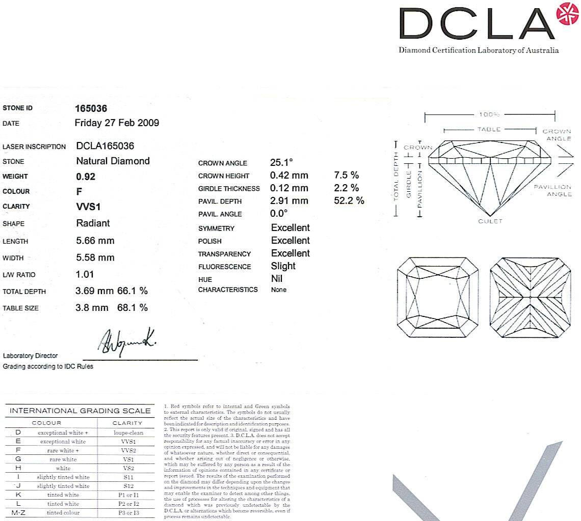 Radiant Cut Diamond 0.92ct F VVS1