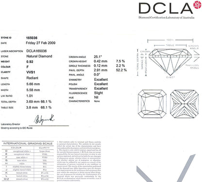 Radiant Cut Diamond 0.92ct F VVS1